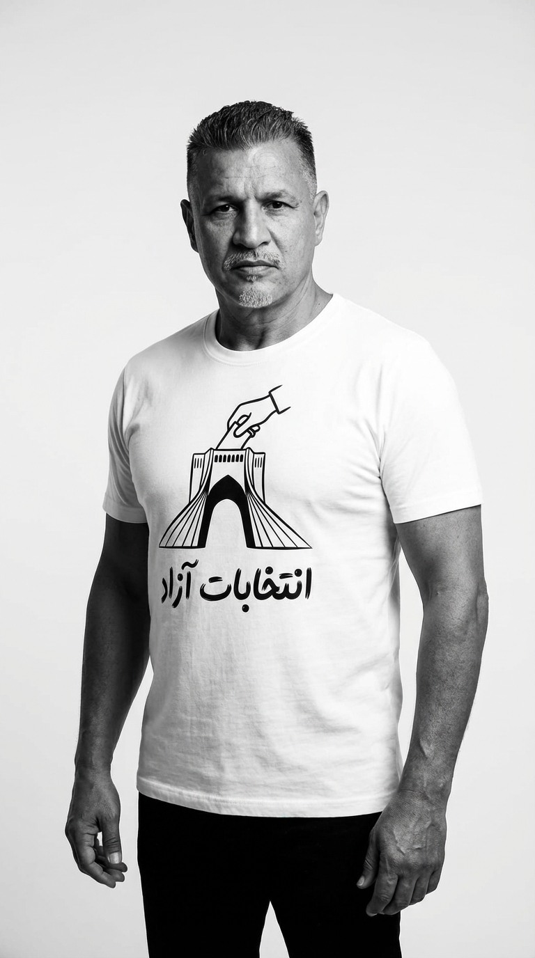 Ali Daei in a monochrome portrait wearing a white T-shirt.