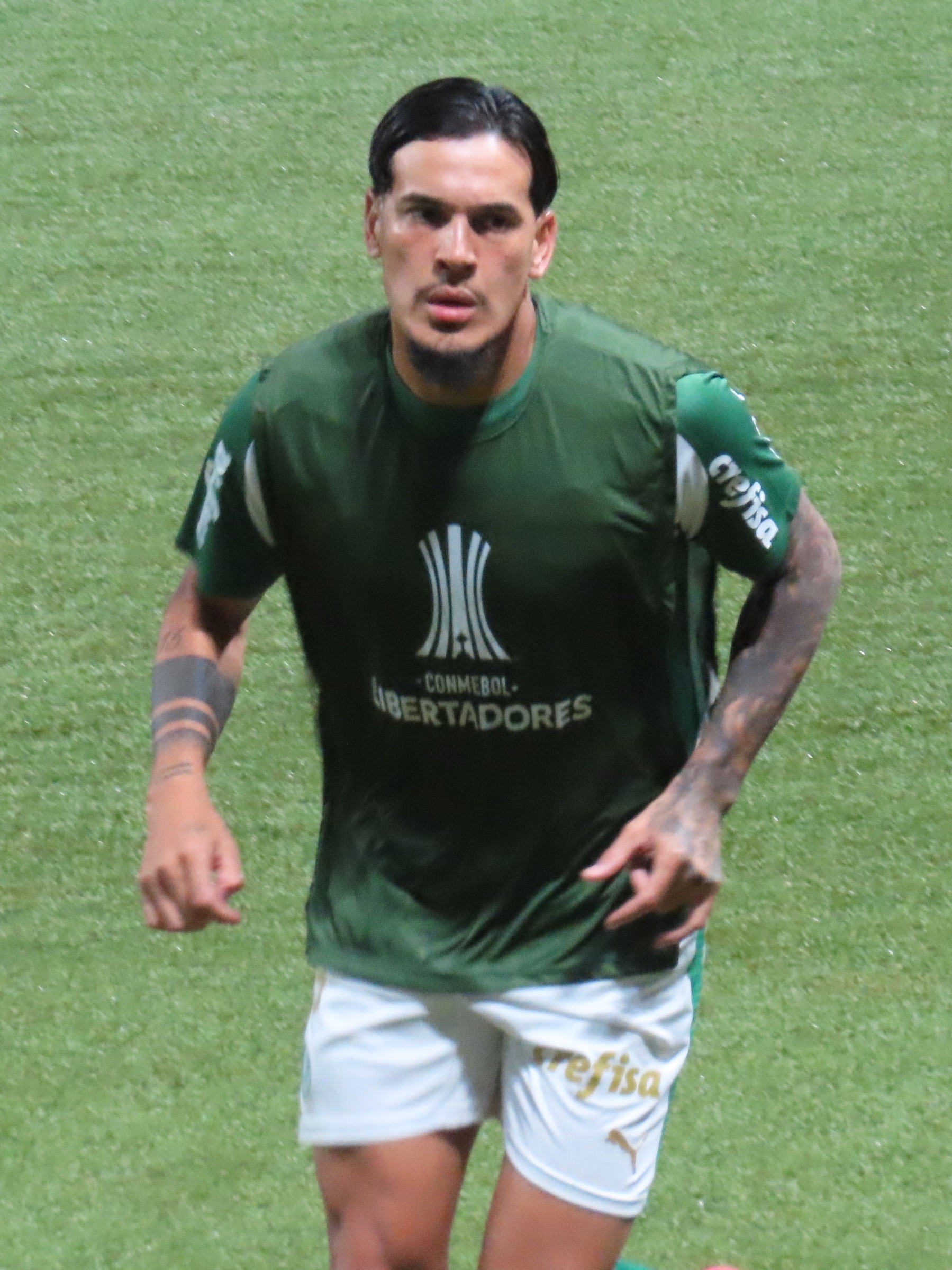 Gustavo Gómez warming up in Palmeiras kit before a Copa Libertadores match against Liverpool-URU in 2024.
